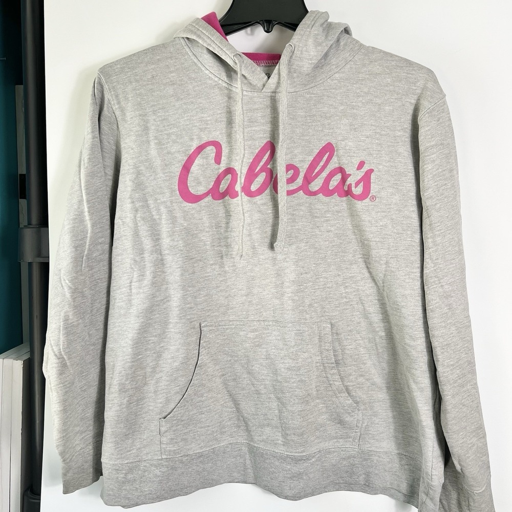 Cabela's Womens Size XL Gray Hoodie Pink Logo Fleece Pullover Sweatshirt
